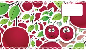 Happy and sad pair of cartoon cherries in a pile of red cherries