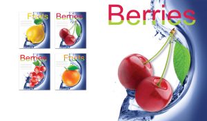 Isolated image of red cherries on a white backdrop with blue aqua design