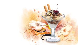 Vanilla and chocolate ice cream with wafer roll and a cherry in a glass vase