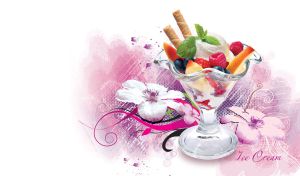 Vanilla ice cream with fresh fruits and berries, and wafer rolls in a glass vase