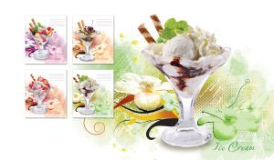 Vanilla ice cream with chocolate syrup, wafer rolls and mint in a glass vase