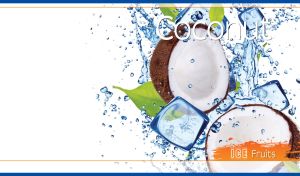 Fresh coconut, green leaves and ice cubes in water splash