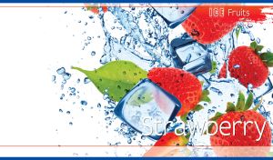 Fresh red strawberry, green leaves and ice cubes in water splash