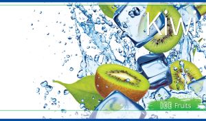 Fresh kiwis cut in halves, green leaves and ice cubes in water splash