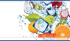 Fresh fruit cocktail, green leaves and ice cubes in water splash