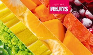 Fruit mix collage on oblique wall art panels in red, orange and yellow shades