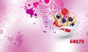 Berries and wheat in a milk splash isolated on a floral pastel purple gradient