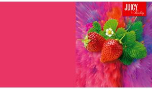 Fresh strawberries against a purple-red-blue art explosion on a red-pink backdrop