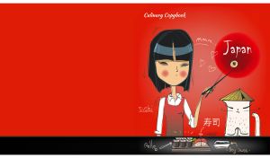 A Japanese girl and her white cat present the national cuisine on a red backdrop