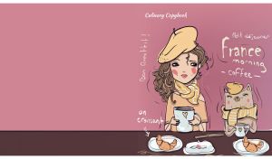 A French girl and her cat present the national cuisine on light pink backdrop