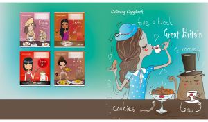 A British girl and her cat present the national cuisine on light teal backdrop