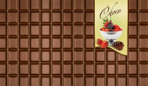 Ripe red strawberries in chocolate syrup against brown chocolate bar backdrop