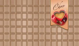 Red heart-shaped espresso cup against a light brown chocolate bar backdrop