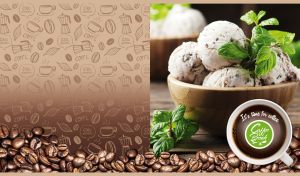 Delicious close-up of a bowl of chocolate chip ice cream on a brown gradient