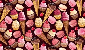 Dessert mix with pink ice cream, cupcakes and macaroons on a dark brown wallpaper