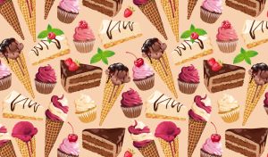 Dessert mix with choco ice cream, cupcakes and slices of cakes on a beige wallpaper
