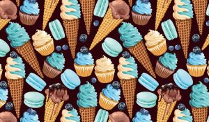 Dessert mix with teal ice cream, cupcakes and macaroons on a dark brown wallpaper