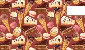 Dessert mix with chocolate ice cream, cakes and macaroons on a brown-red wallpaper