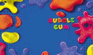 Vivid bubble gum illustration with vibrant splashes on a blue backdrop