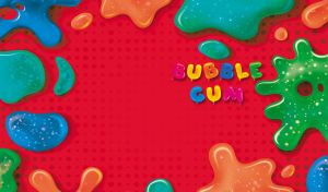 Vivid bubble gum illustration with vibrant splashes on a red backdrop