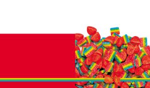 Vivid assorted candies and bubble gums spread out on a white and red backdrop