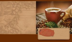 A maroon cup of hot black coffee on a wicker surface with scattered coffee beans