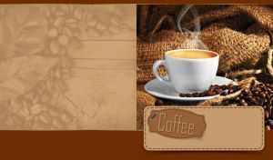 A white cup of hot coffee with coffee beans on a saucer and a coffee sack