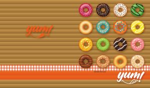 Delicious donuts clip art on a striped brown and orange backdrop
