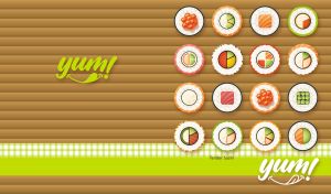 Delicious sushi rolls clip art on a striped brown and lime backdrop