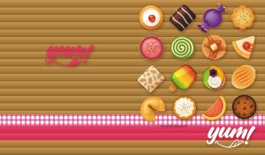 Delicious desserts clip art and sweets on a striped brown and pink backdrop