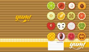 Delicious fruits clip art and sweets on a striped brown and yellow backdrop