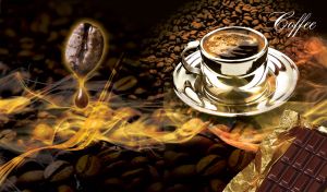 Silver cup of coffee, chocolate bar and waves of coffee aroma