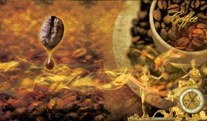 Cup full of coffee beans, golden desk clock and waves of coffee aroma