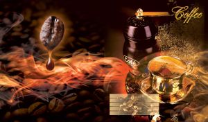 Golden cup of coffee next to a grinder with waves of coffee aroma