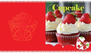 Red velvet cupcakes with cream and strawberries on a blue background