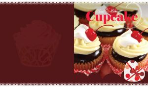 Cupcakes with chocolate ganache and cherries on top on a brown background