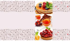 Pancakes, tea and berry tartlet on pastel light pink backdrop with floral decor