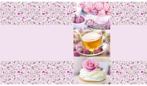 Meringue and macaron, green tea and cupcake on a pastel pink with floral decor