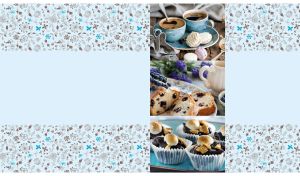 Coffee, blueberry cake and muffins on a pastel blue backdrop with floral decor