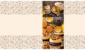 Beverages, cookies and muffins on a pastel beige backdrop with floral decor