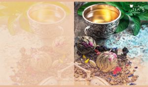 Tea in a silver cup and jasmine blooming flower balls on an old wooden table