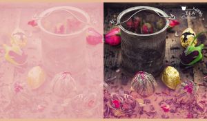Tea basket infuser, rose buds and blooming tea balls on a wooden table