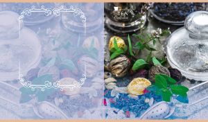 Herbs, floral tea ball and glass jars on an old wooden table