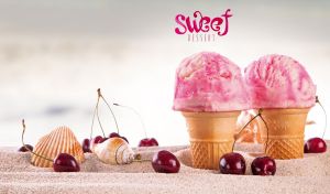 Pink ice cream cones, cherries and seashells against a pastel gray beach