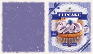 Cupcake with blueberry cream frosting on a light violet-blue backdrop