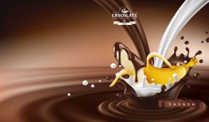 Fresh yellow banana in splashes of milk and chocolate on a brown backdrop