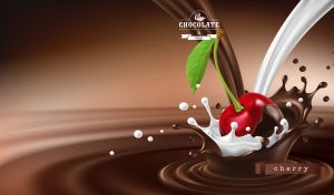 Ripe red cherry in splashes of milk and chocolate on a brown backdrop