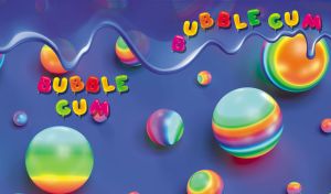 Colorful and shiny bubblegum balls close-up on navy blue