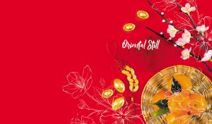 Traditional oriental still life featuring fruit arrangement and sakura on red