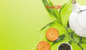 Traditional oriental still life featuring mooncakes and a tea set on lime green